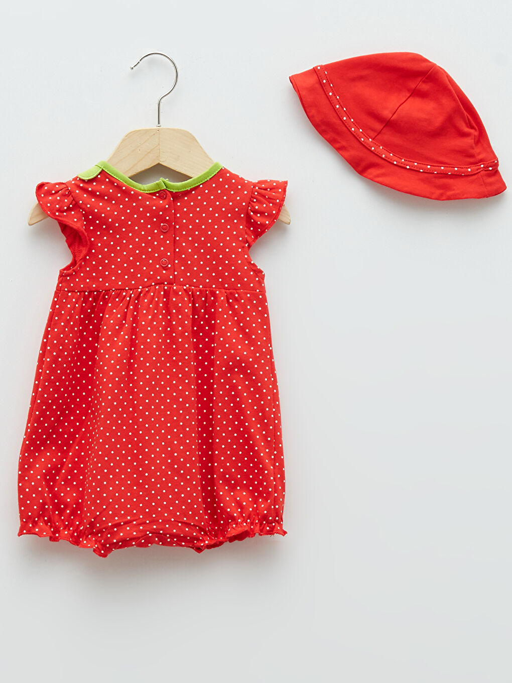 Kırmızı Bisiklet Yaka Kısa Kollu Baskılı Kız Bebek Tulum ve Şapka 2'li Takım-2
