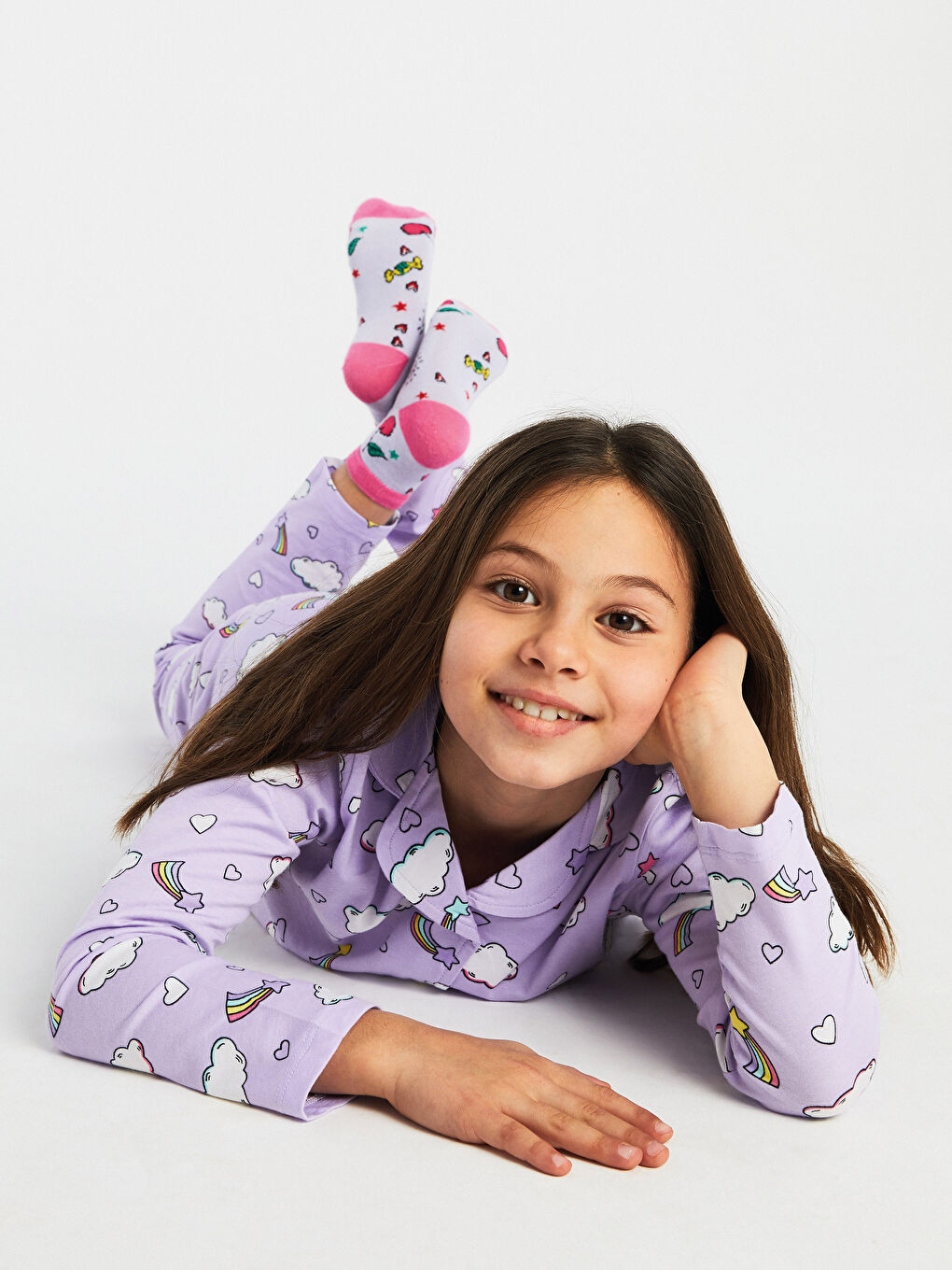 Shirt Collar Printed Long Sleeve Girls' Pyjama Set-1