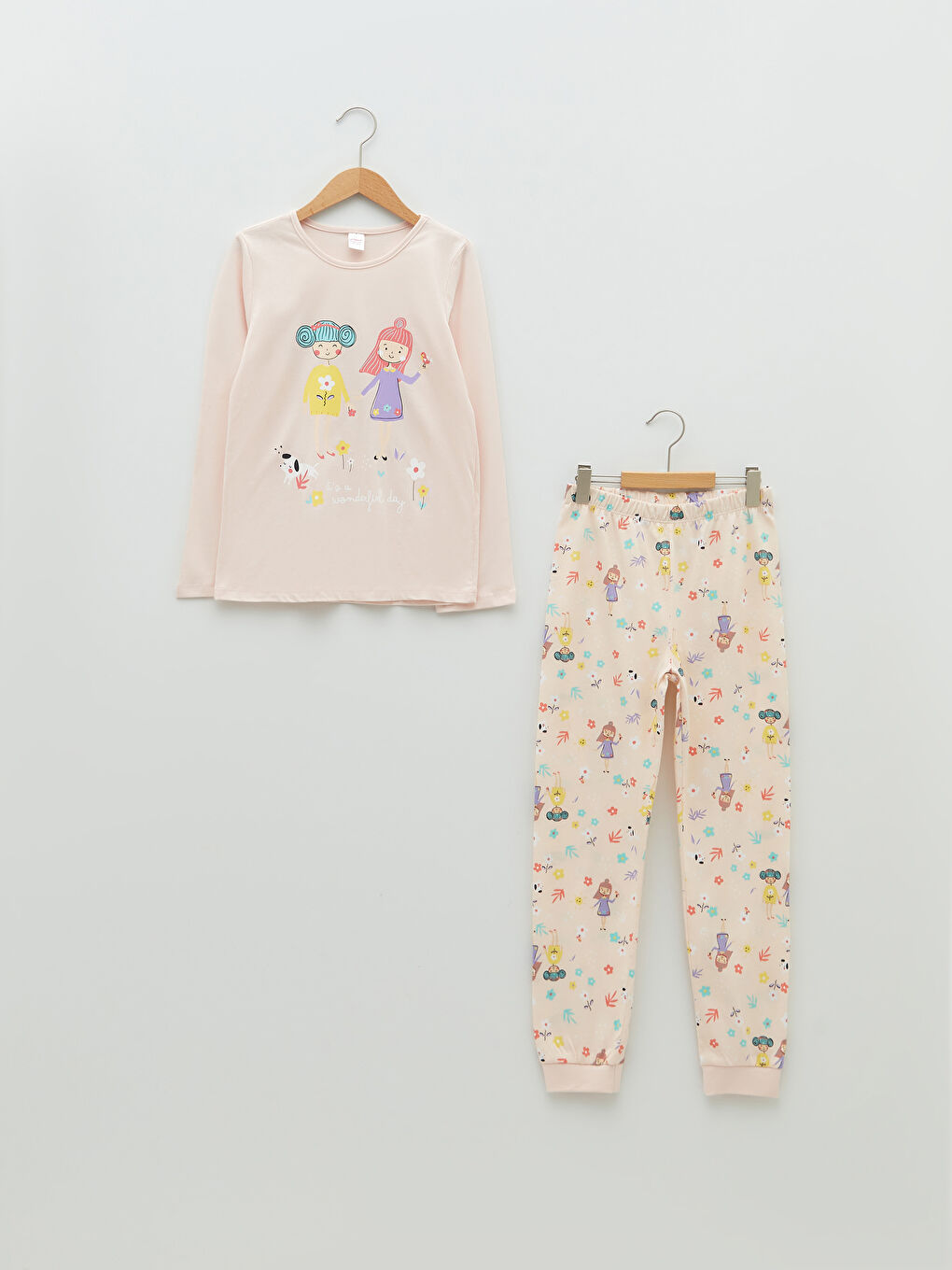 Pembe Bisiklet Yaka Baskılı Uzun Kollu Kız Çocuk Pijama Takımı