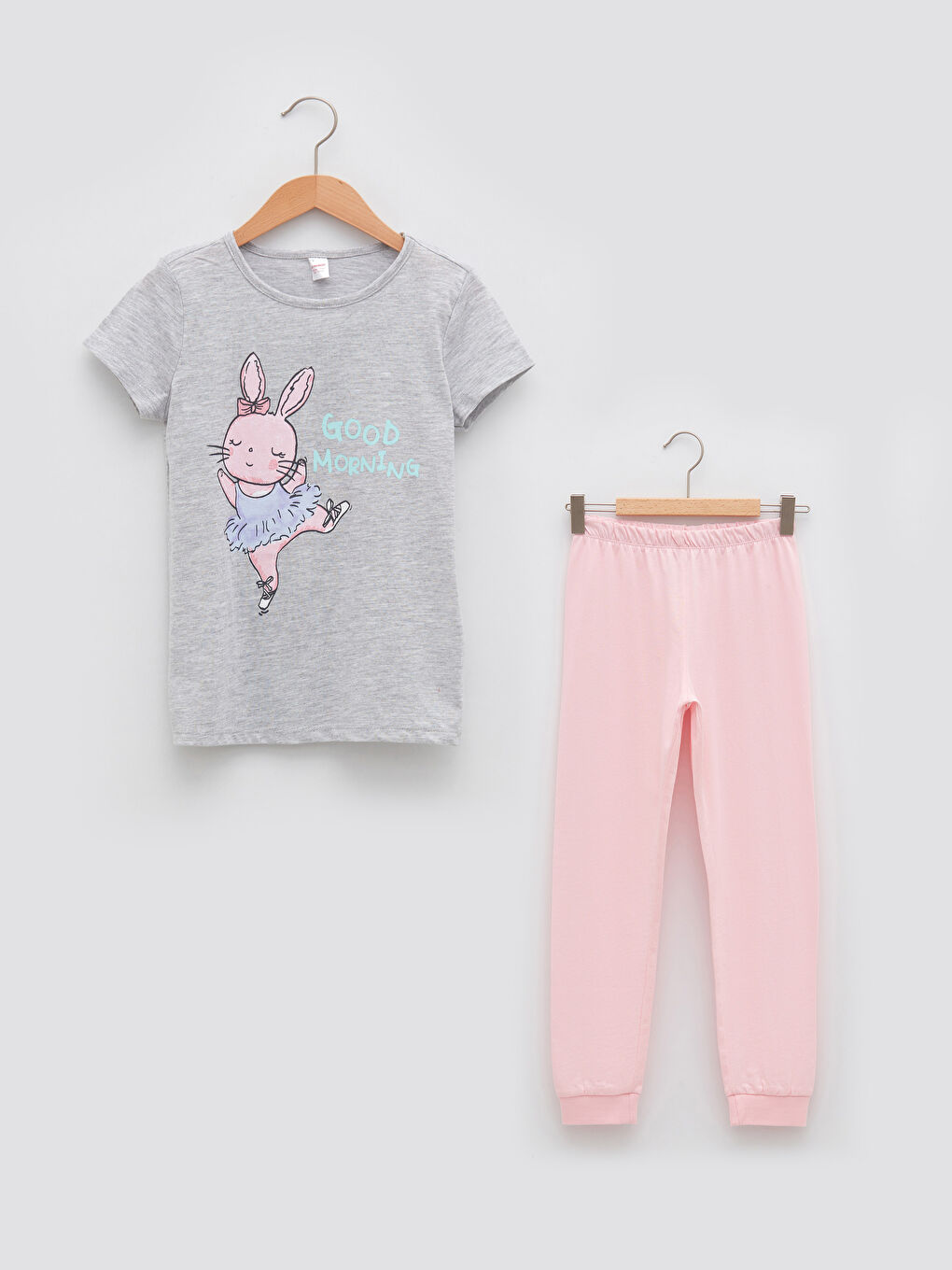 Gri Bisiklet Yaka Baskılı Kısa Kollu Kız Çocuk Pijama Takımı