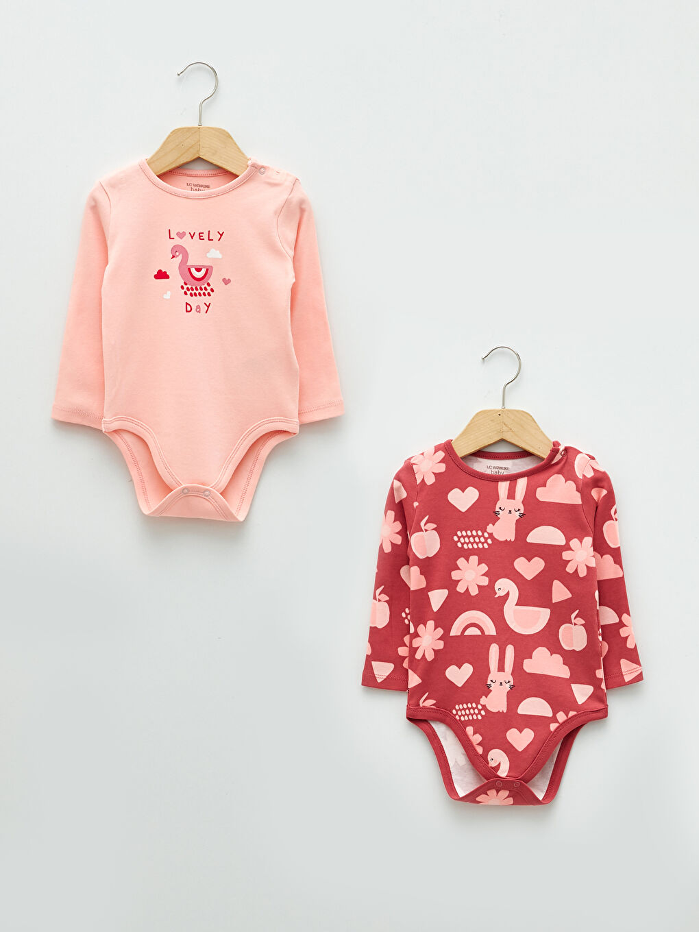 LCW baby Crew Neck Long Sleeve Printed Baby Girl Bodysuit with Snap Crotch 2-Pack -S20632Z1-FRA