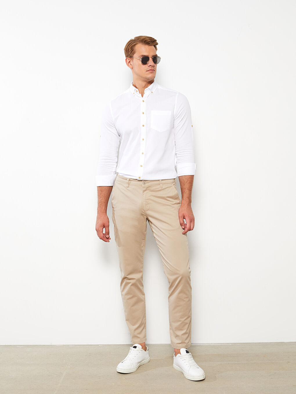 Bej Dar Kalıp Gabardin Erkek Chino Pantolon