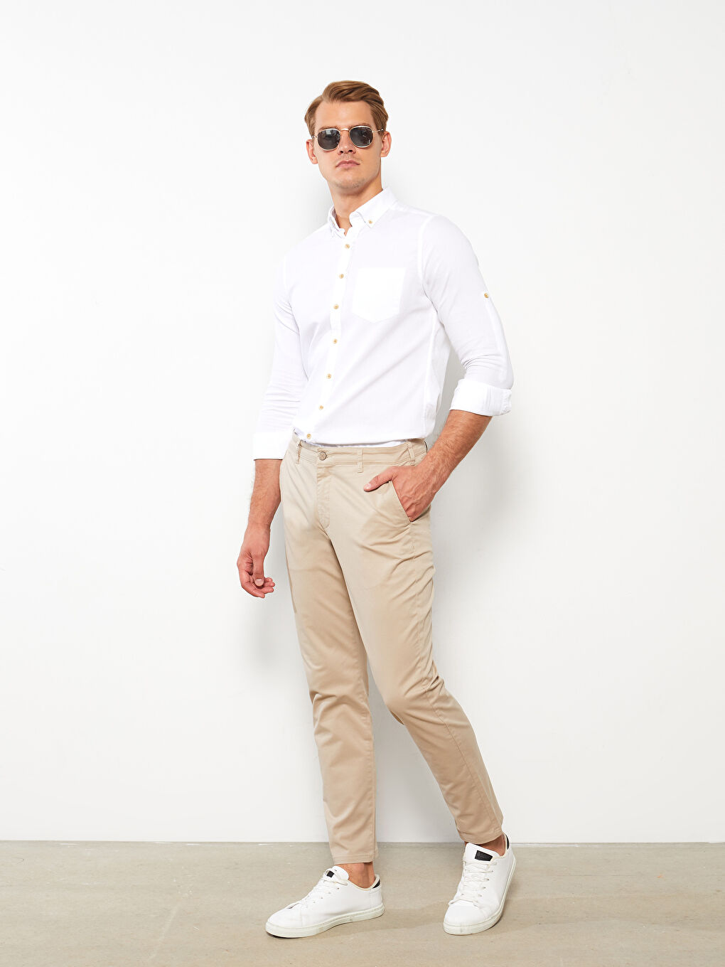 Bej Dar Kalıp Gabardin Erkek Chino Pantolon-1