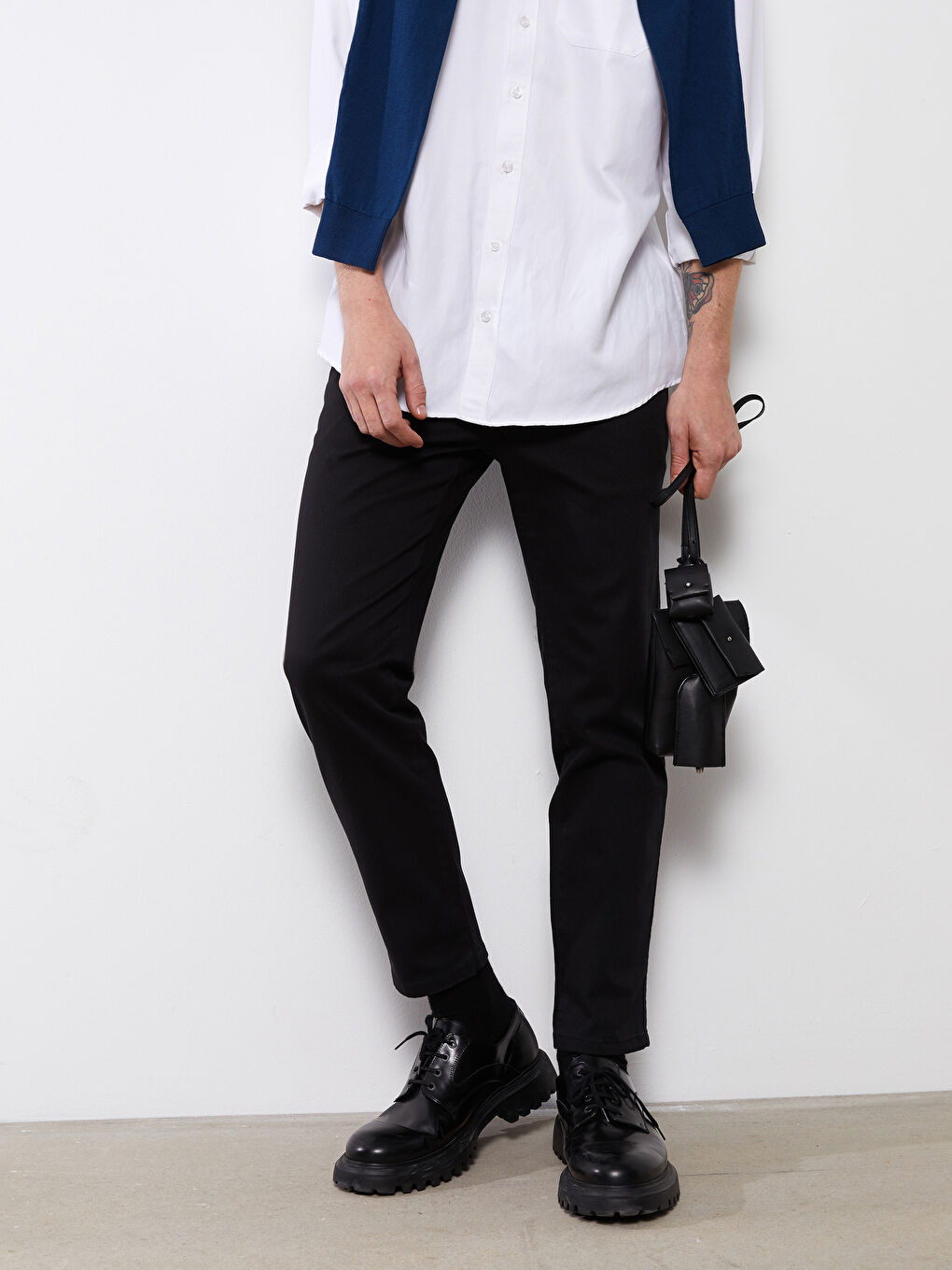 Siyah Tapered Fit Gabardin Erkek Chino Pantolon-2