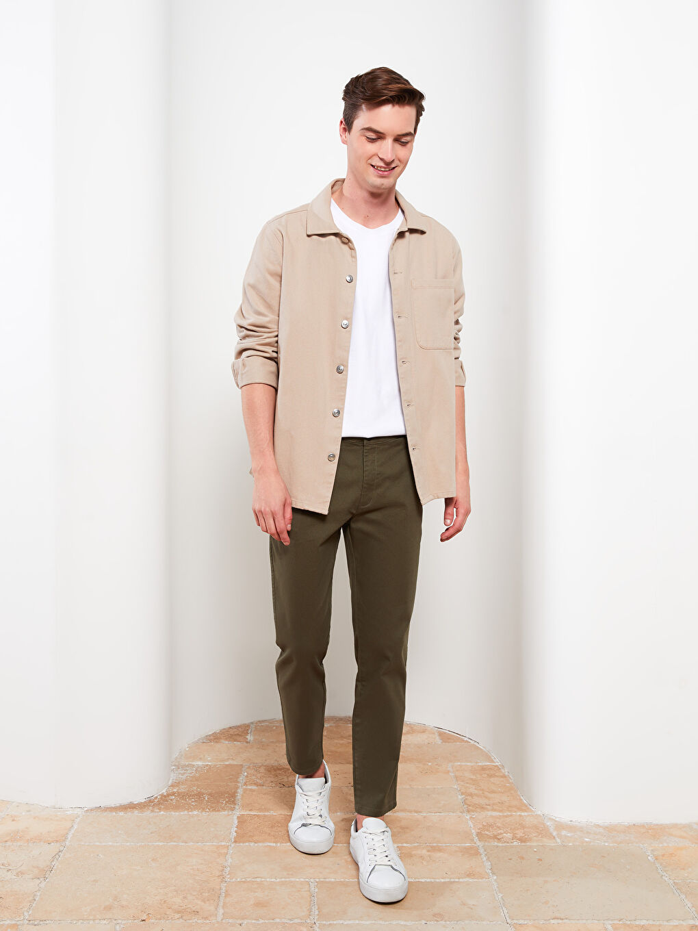 Haki Tapered Fit Gabardin Erkek Chino Pantolon-1