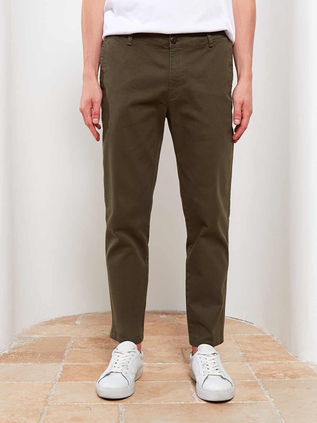 Haki Tapered Fit Gabardin Erkek Chino Pantolon-2