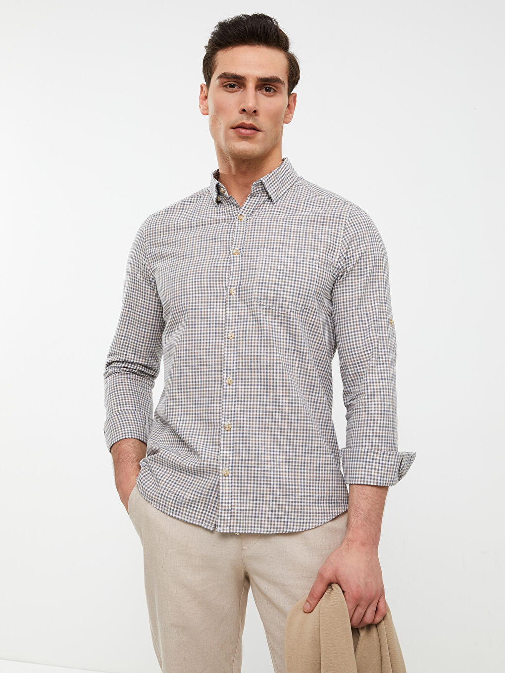 Slim Fit Long Sleeve Plaid Poplin Men's Shirt