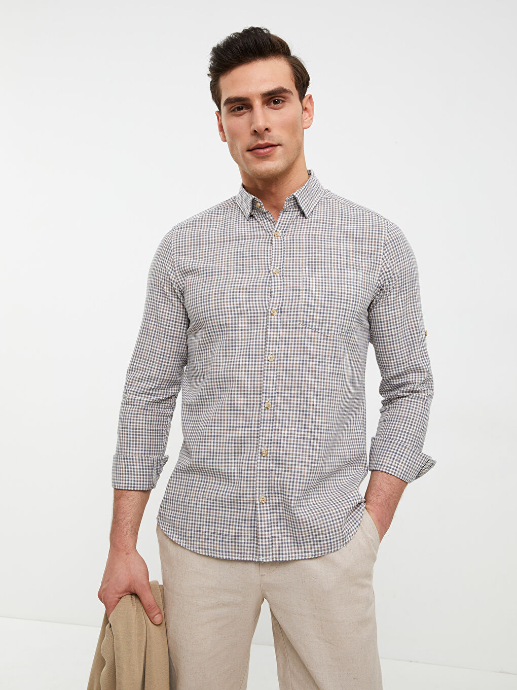 Slim Fit Long Sleeve Plaid Poplin Men's Shirt-1