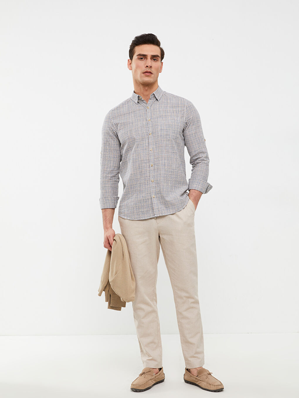 Slim Fit Long Sleeve Plaid Poplin Men's Shirt-2