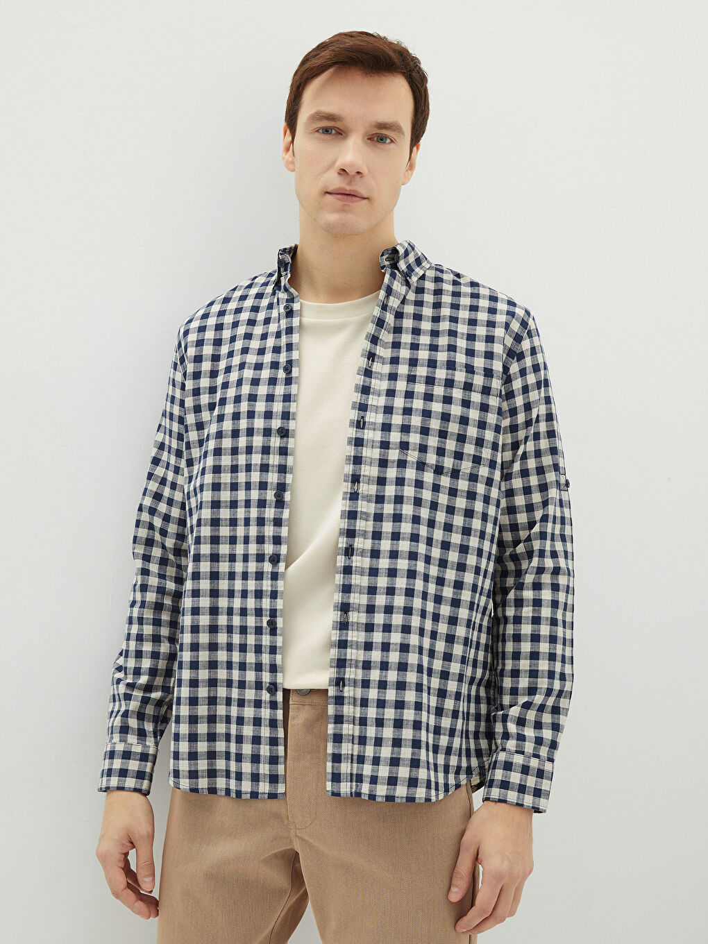 Regular Fit Long Sleeve Plaid Poplin Men's Shirt