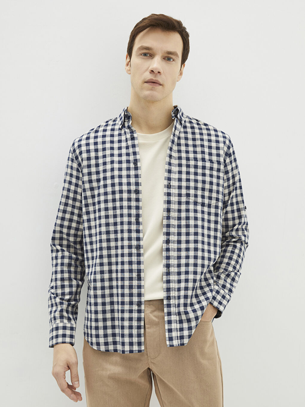 Regular Fit Long Sleeve Plaid Poplin Men's Shirt-1