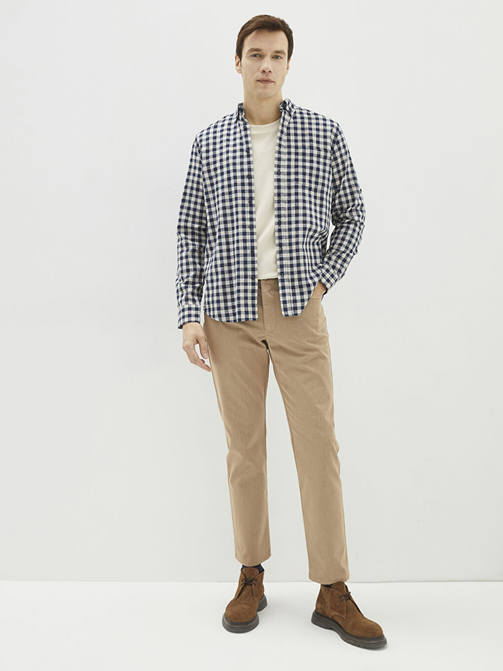 Regular Fit Long Sleeve Plaid Poplin Men's Shirt-2