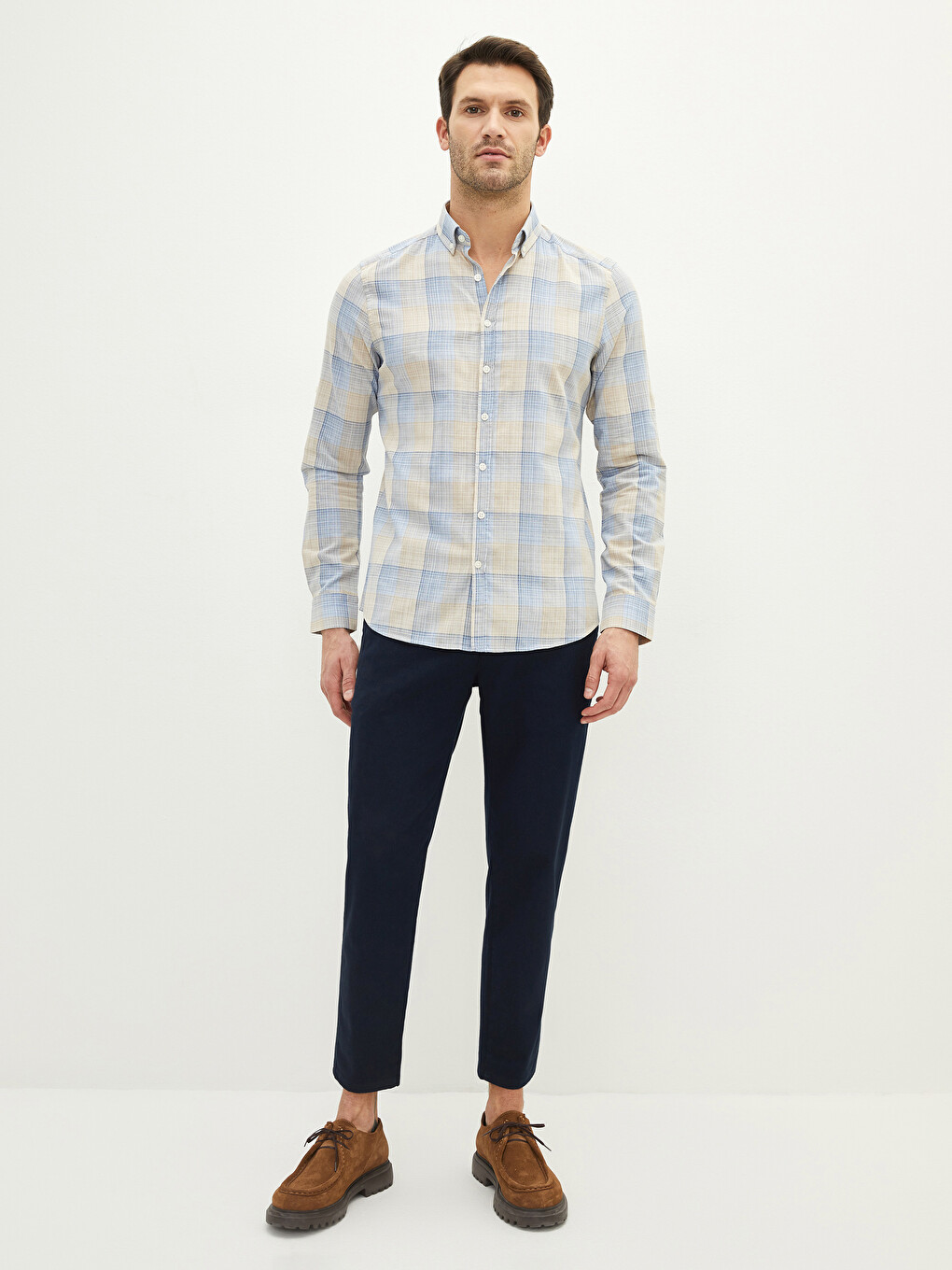 Cămașă Slim Fit Mânecă Lungă Carouri Poplin Pentru Bărbați-2