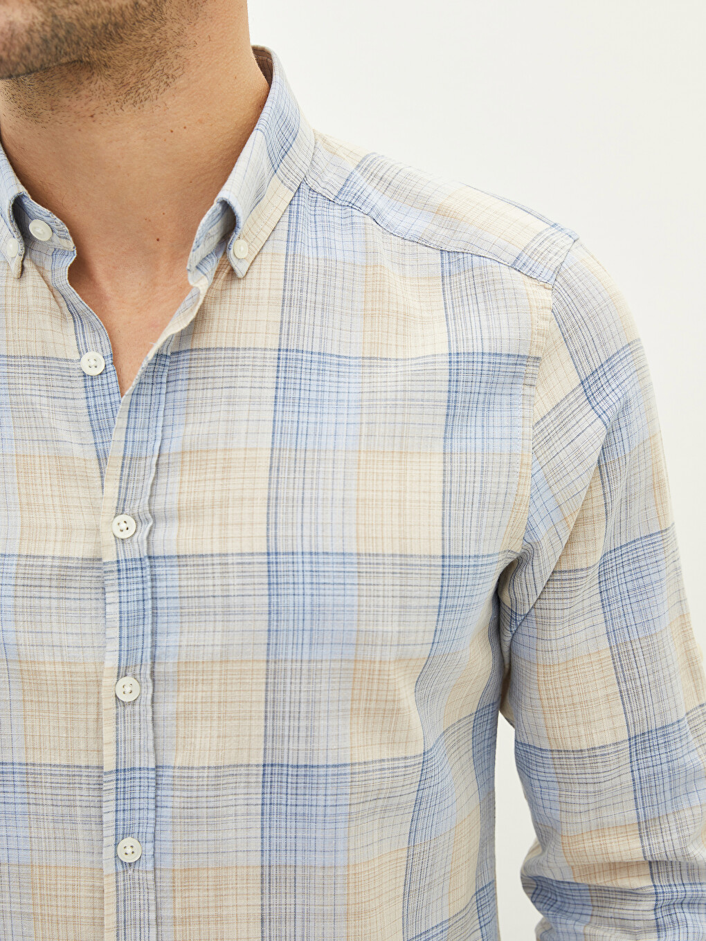 Cămașă Slim Fit Mânecă Lungă Carouri Poplin Pentru Bărbați-3