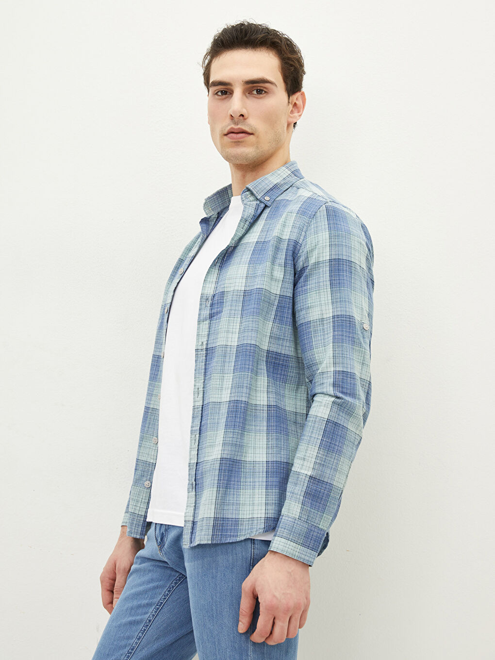 Slim Fit Long Sleeve Plaid Poplin Men's Shirt-1