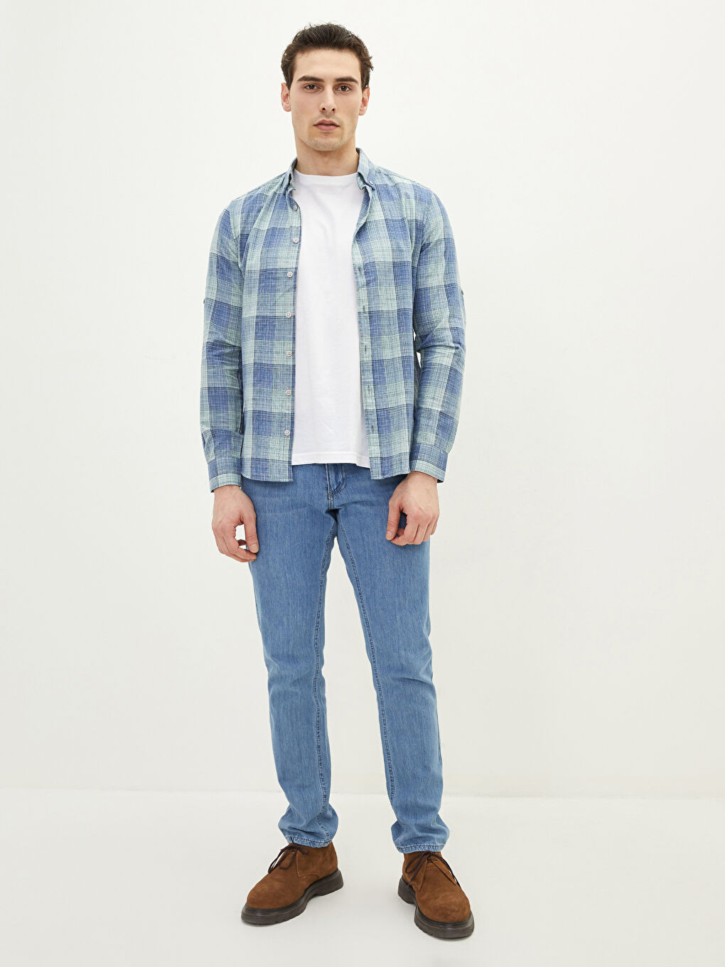 Slim Fit Long Sleeve Plaid Poplin Men's Shirt-2