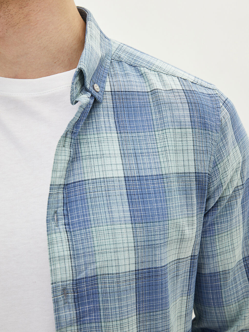 Slim Fit Long Sleeve Plaid Poplin Men's Shirt-3