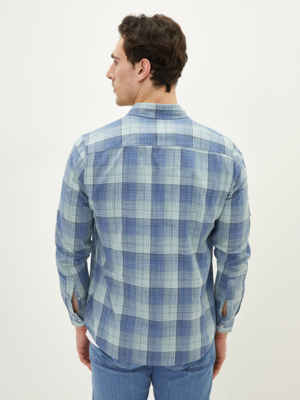 Slim Fit Long Sleeve Plaid Poplin Men's Shirt-4