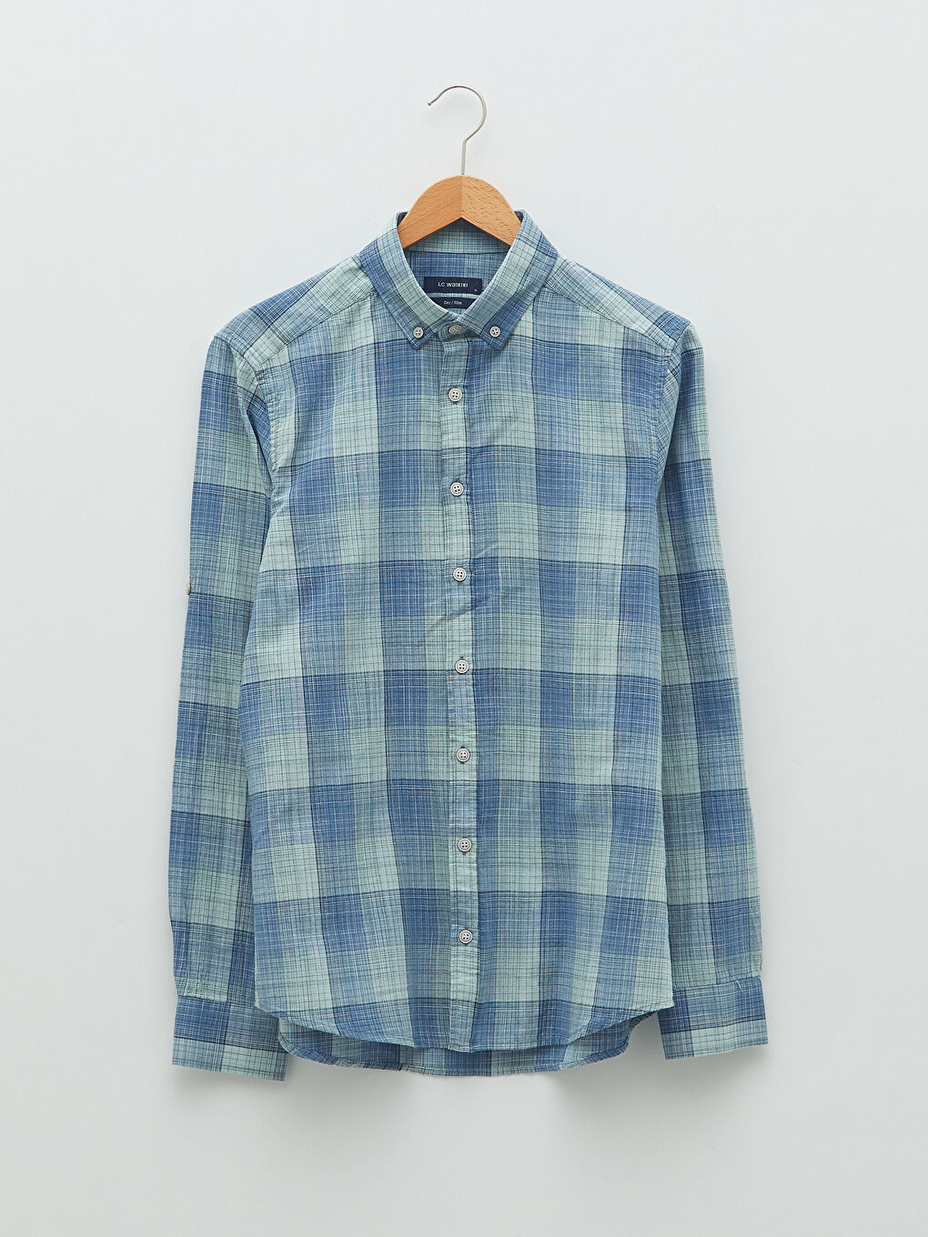 Slim Fit Long Sleeve Plaid Poplin Men's Shirt-5