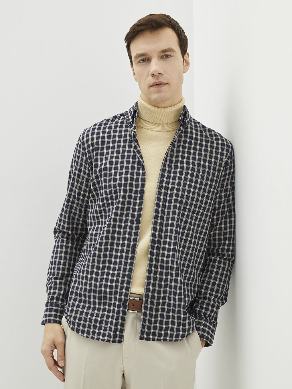 Lacivert Regular Fit Uzun Kollu Ekose Erkek Gömlek