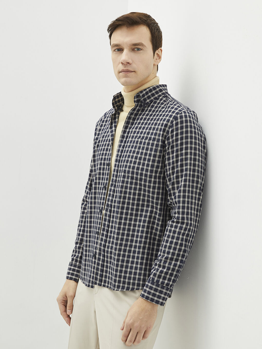 Lacivert Regular Fit Uzun Kollu Ekose Erkek Gömlek-1