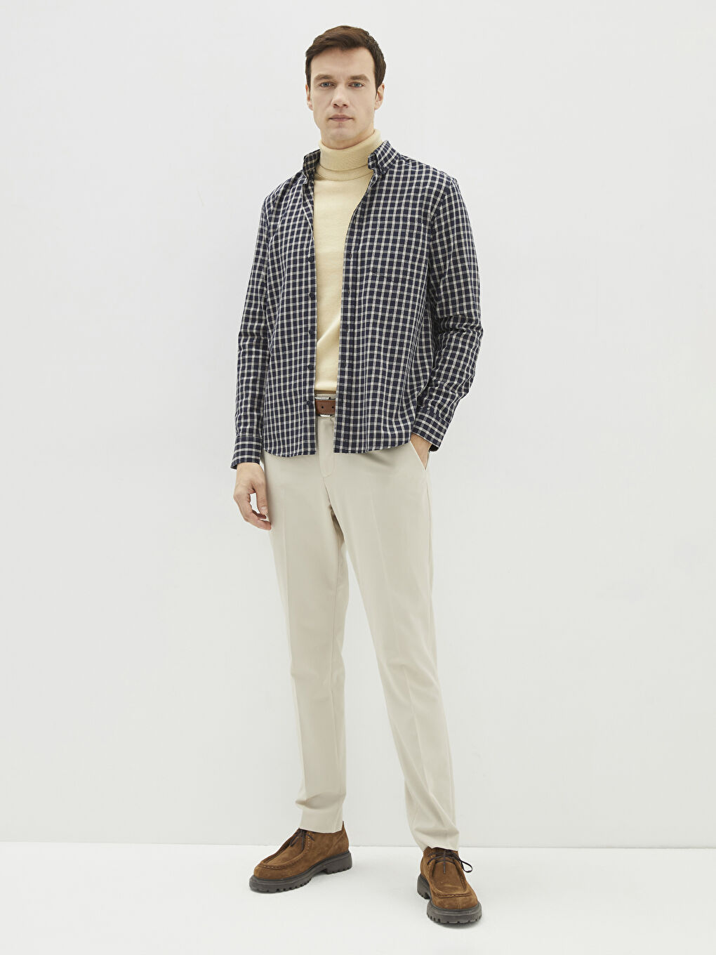 Lacivert Regular Fit Uzun Kollu Ekose Erkek Gömlek-2