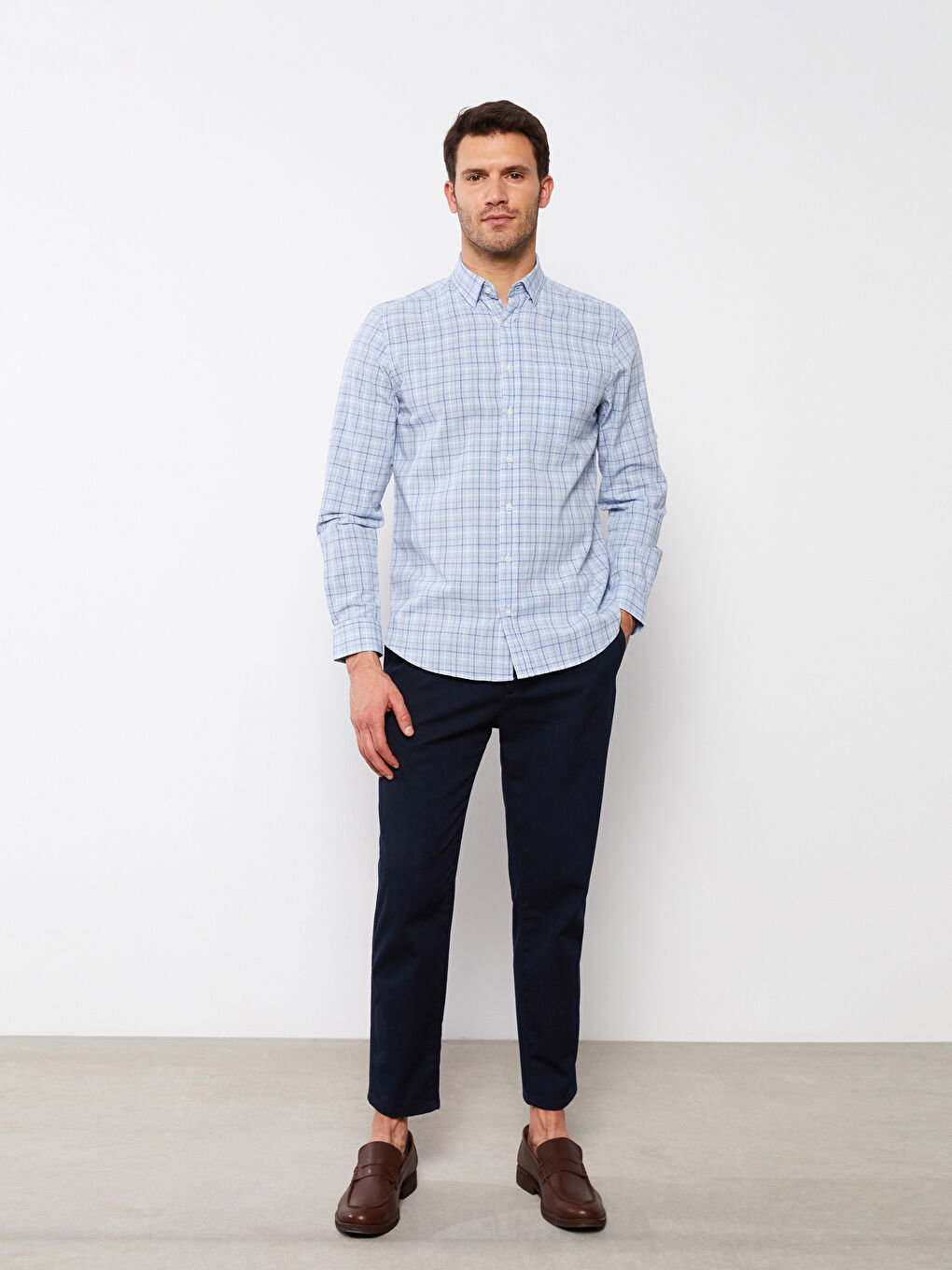 Regular Fit Long Sleeve Plaid Poplin Men's Shirt