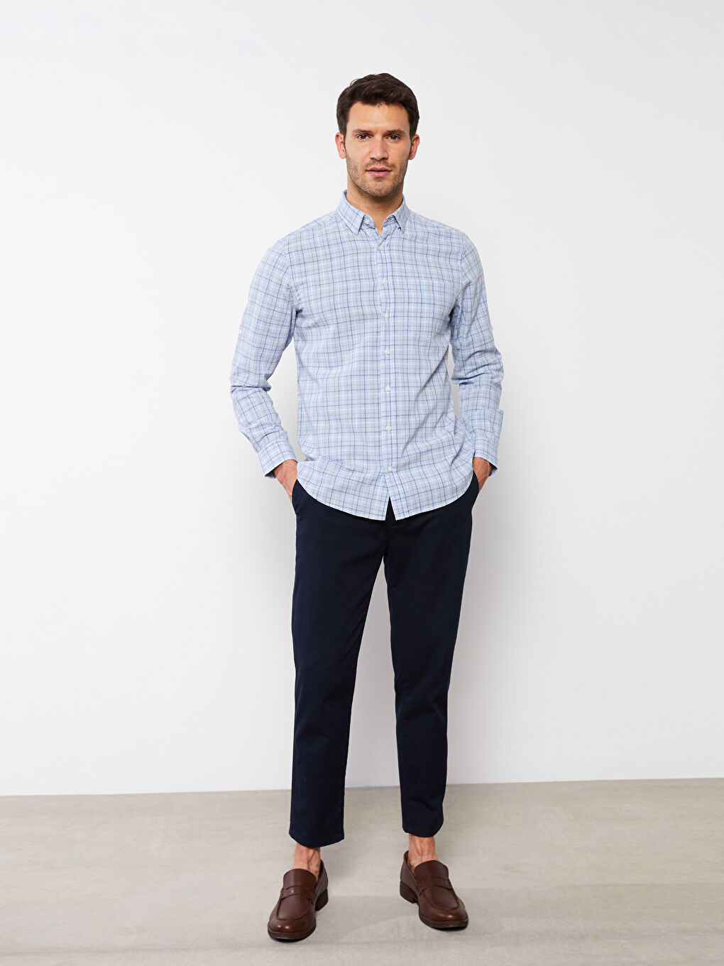 Regular Fit Long Sleeve Plaid Poplin Men's Shirt-1