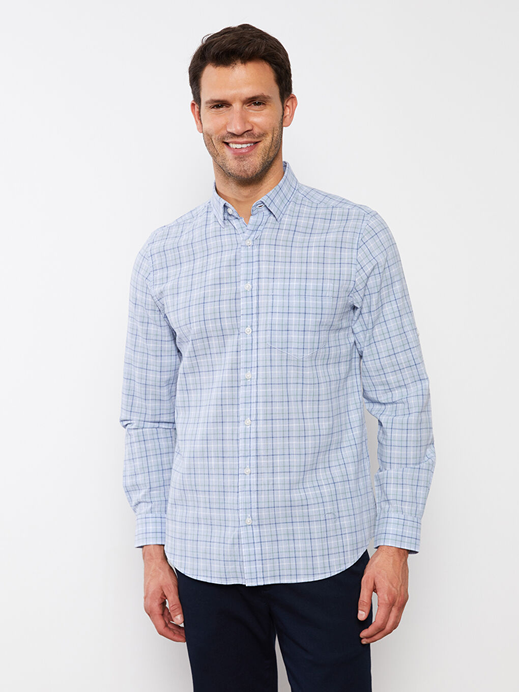 Regular Fit Long Sleeve Plaid Poplin Men's Shirt-2