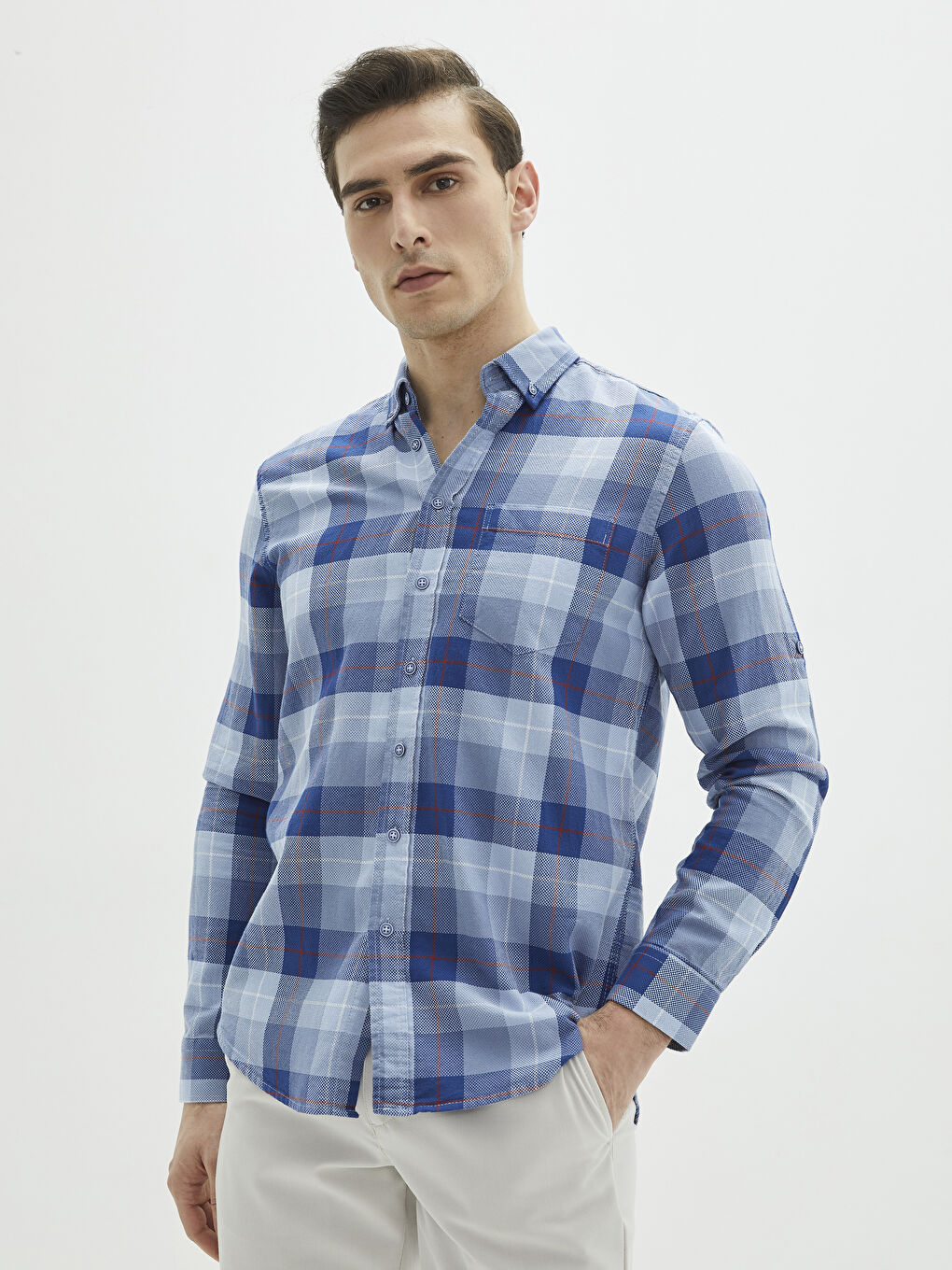 Regular Fit Long Sleeve Plaid Oxford Men's Shirt-1