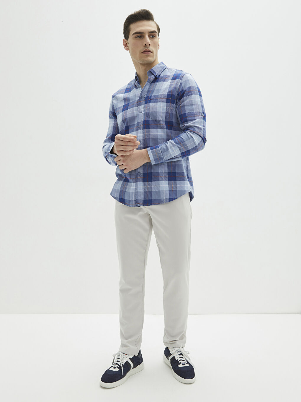 Regular Fit Long Sleeve Plaid Oxford Men's Shirt-2