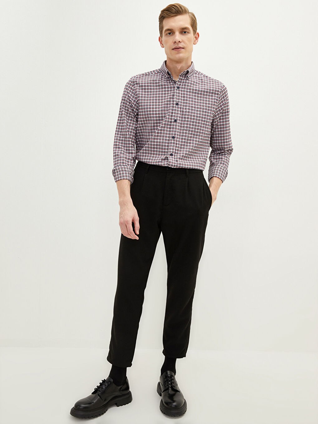 Kırmızı Regular Fit Uzun Kollu Ekose Gabardin Erkek Gömlek-1