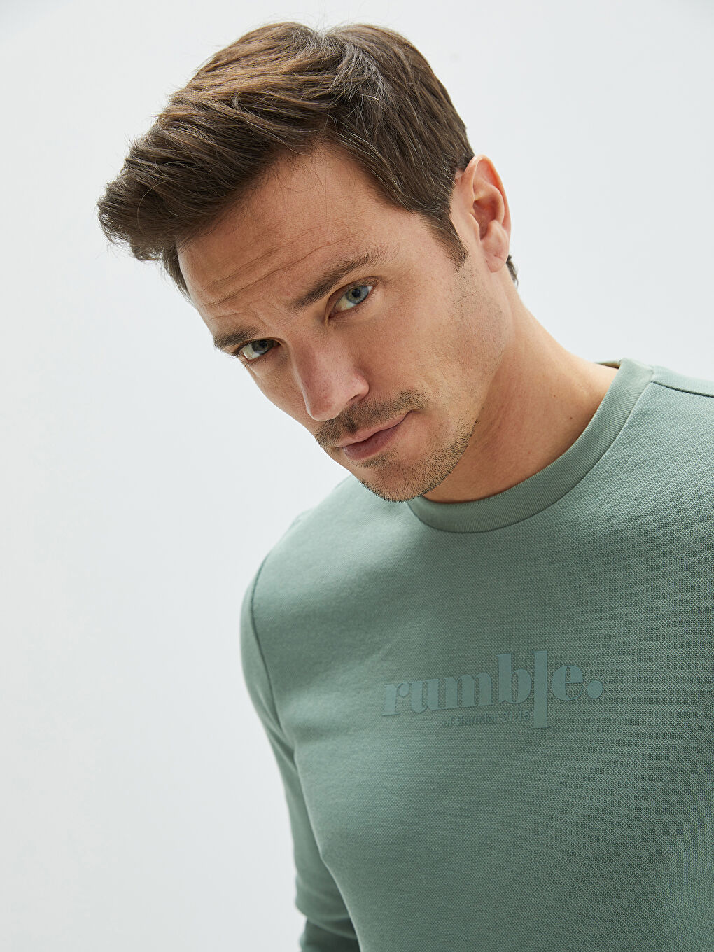 Yeşil Bisiklet Yaka Uzun Kollu Baskılı İnce Erkek Sweatshirt