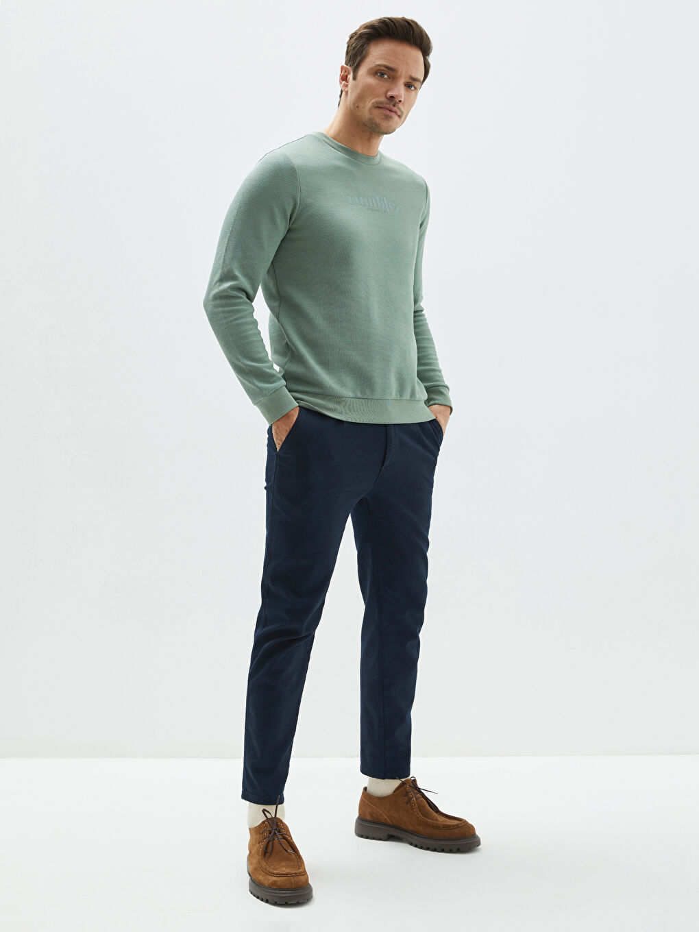 Yeşil Bisiklet Yaka Uzun Kollu Baskılı İnce Erkek Sweatshirt-2