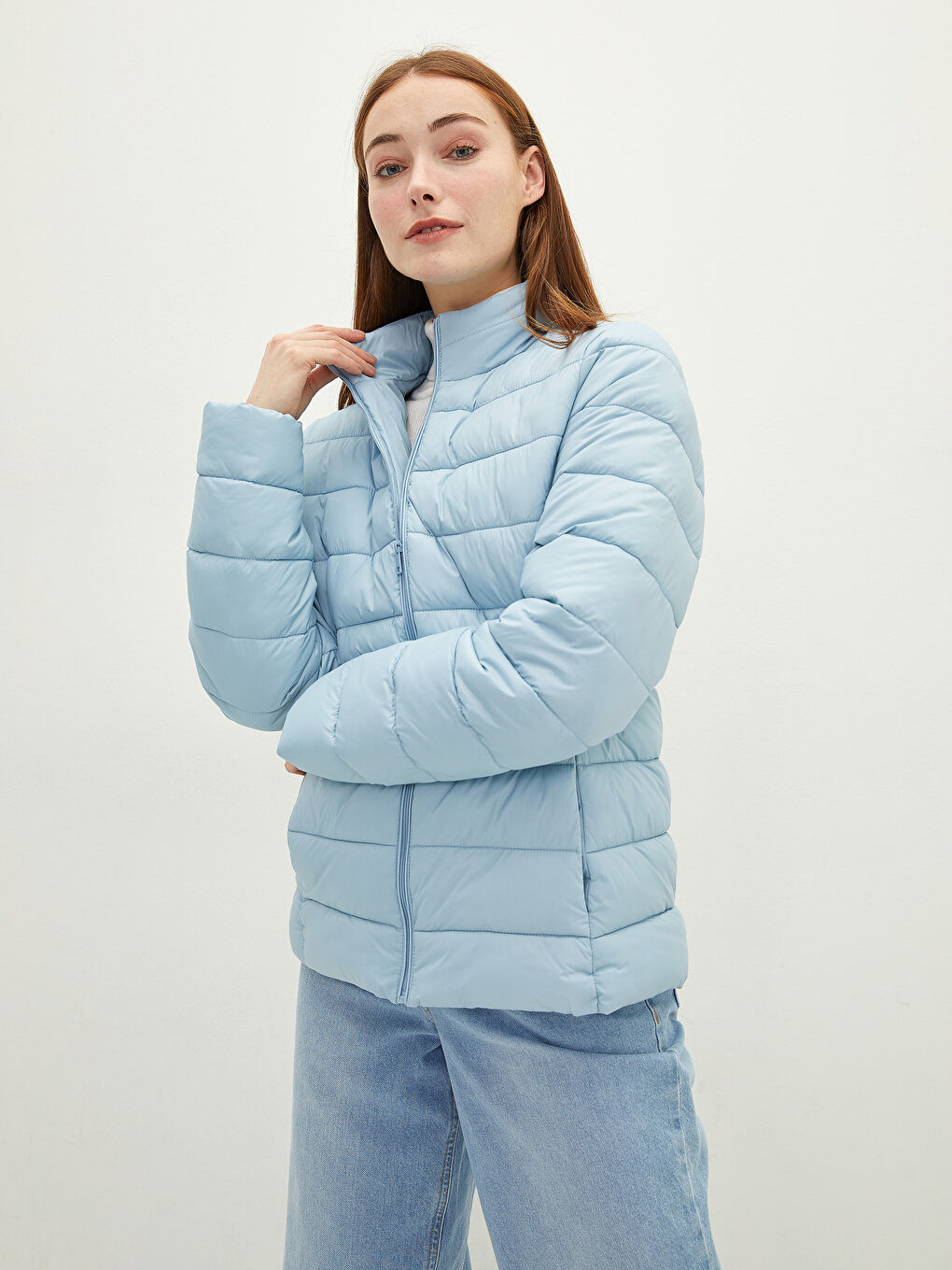 Mavi Dik Yaka Düz Uzun Kollu Cep Detaylı Kadın Şişme Mont-1