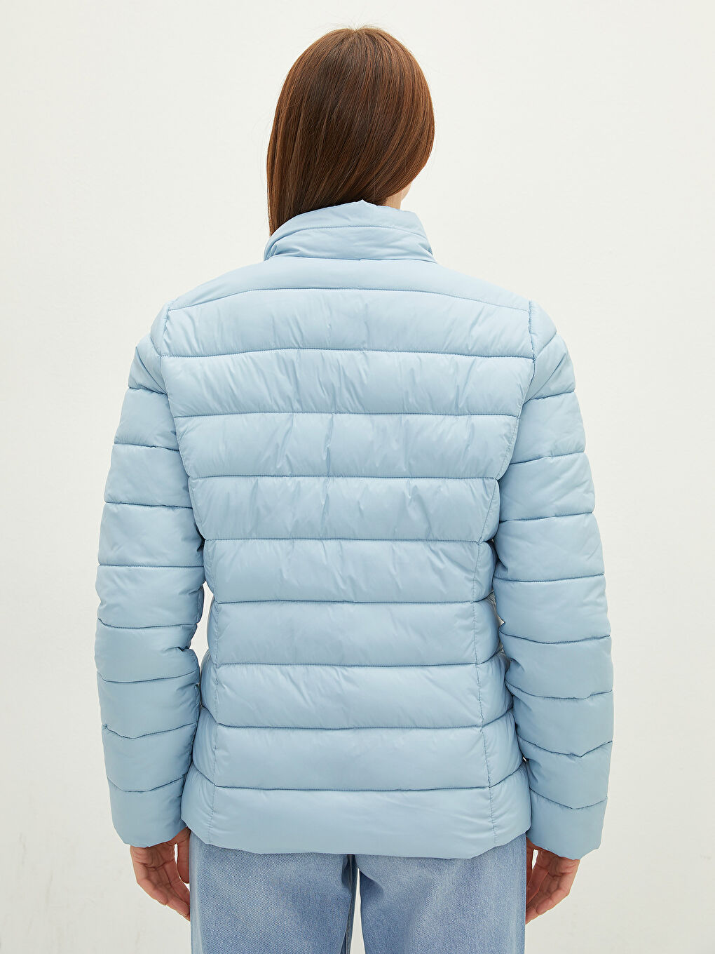 Mavi Dik Yaka Düz Uzun Kollu Cep Detaylı Kadın Şişme Mont-11