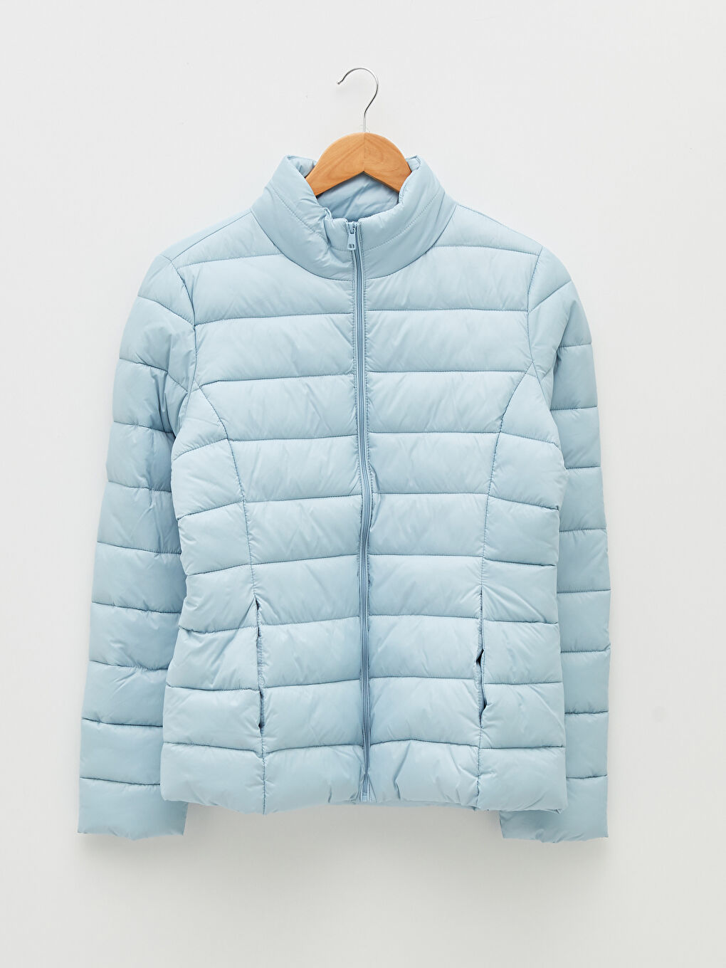 Mavi Dik Yaka Düz Uzun Kollu Cep Detaylı Kadın Şişme Mont-12