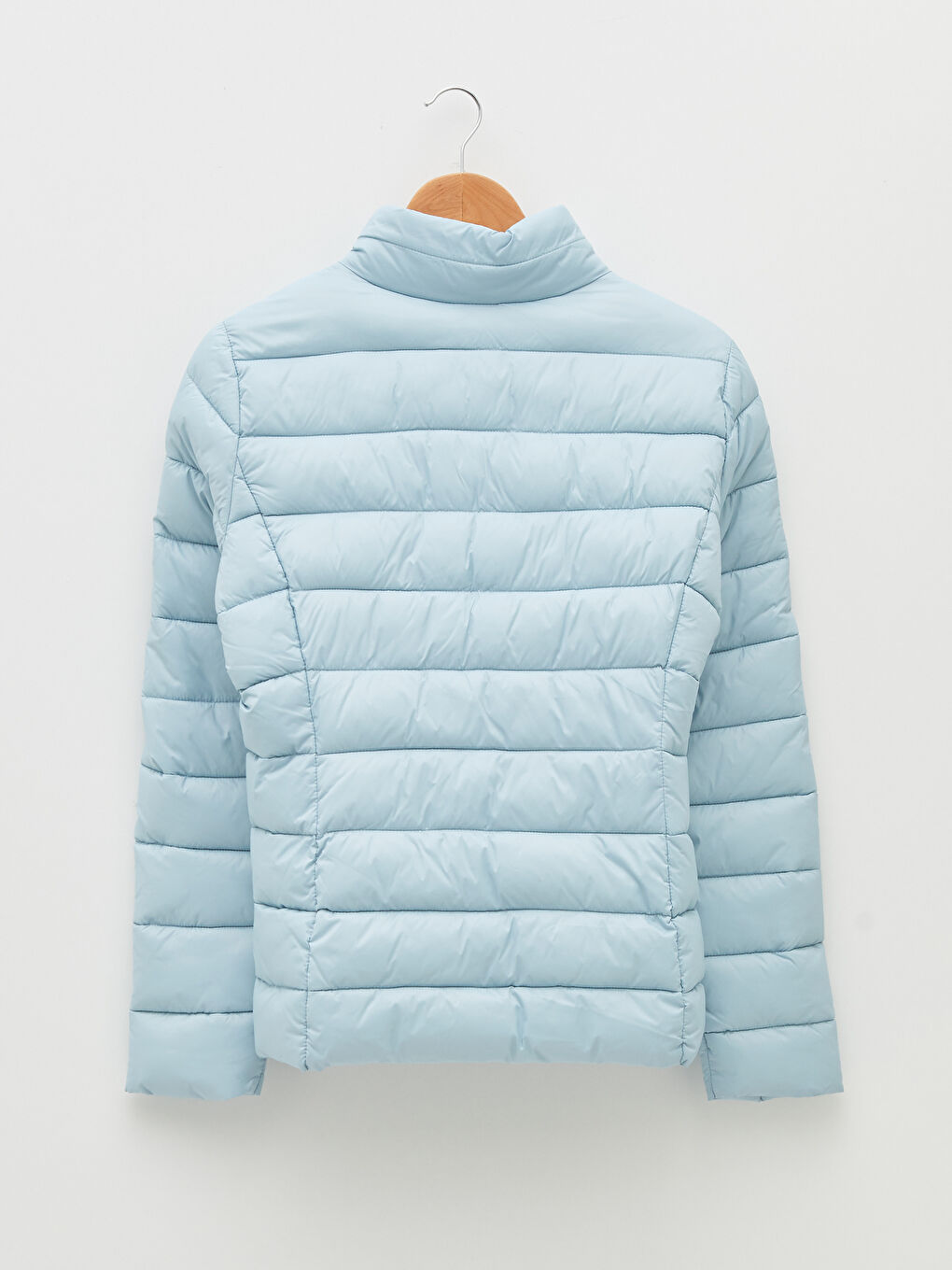 Mavi Dik Yaka Düz Uzun Kollu Cep Detaylı Kadın Şişme Mont-13