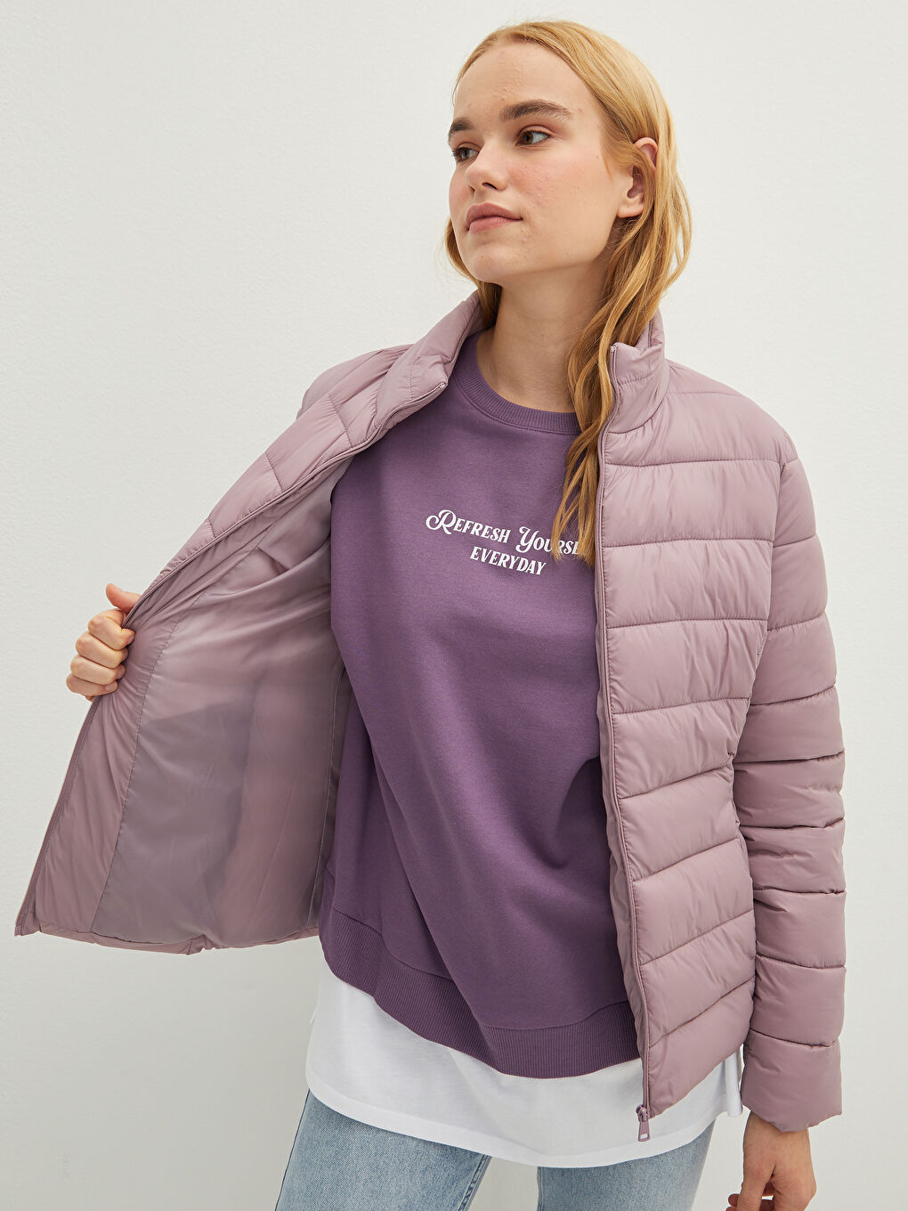 Mürdüm Dik Yaka Düz Uzun Kollu Cep Detaylı Kadın Şişme Mont-5