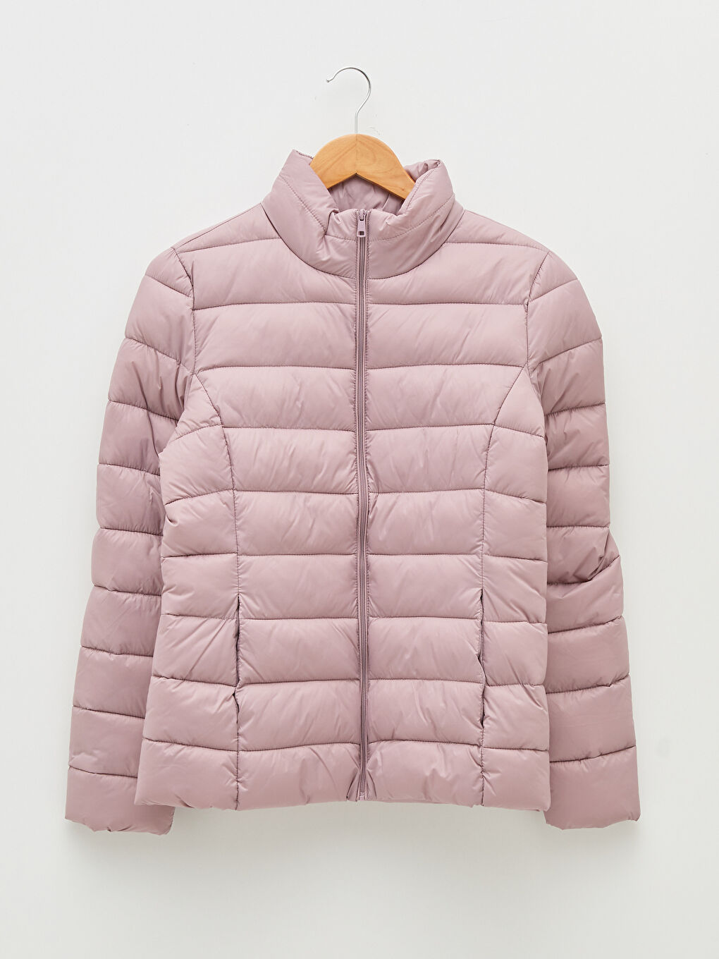 Mürdüm Dik Yaka Düz Uzun Kollu Cep Detaylı Kadın Şişme Mont-12