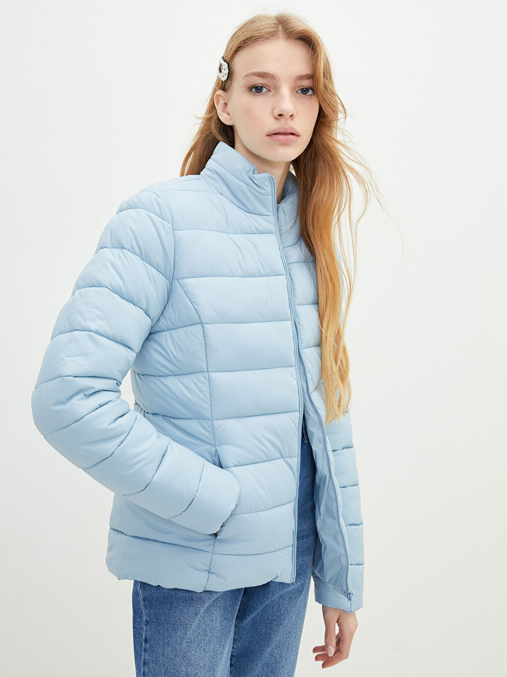 Mavi Dik Yaka Düz Uzun Kollu Cep Detaylı Kadın Şişme Mont-2