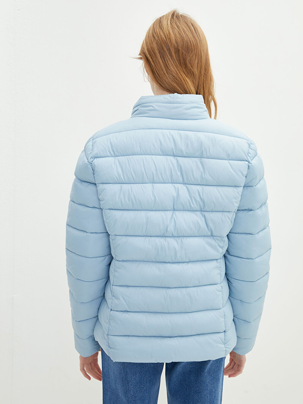 Mavi Dik Yaka Düz Uzun Kollu Cep Detaylı Kadın Şişme Mont-10