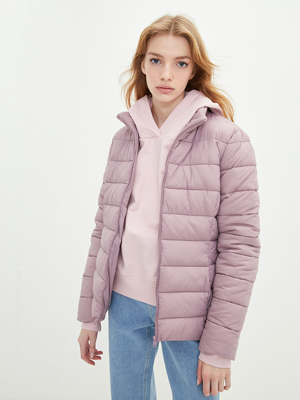 Mürdüm Dik Yaka Düz Uzun Kollu Cep Detaylı Kadın Şişme Mont-4