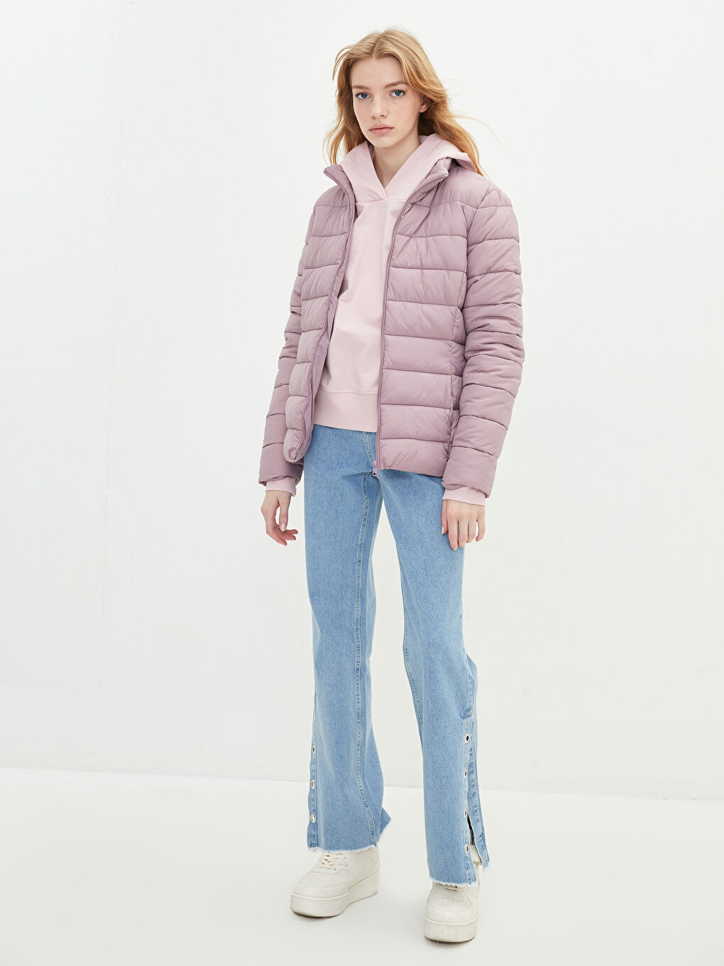 Mürdüm Dik Yaka Düz Uzun Kollu Cep Detaylı Kadın Şişme Mont-8