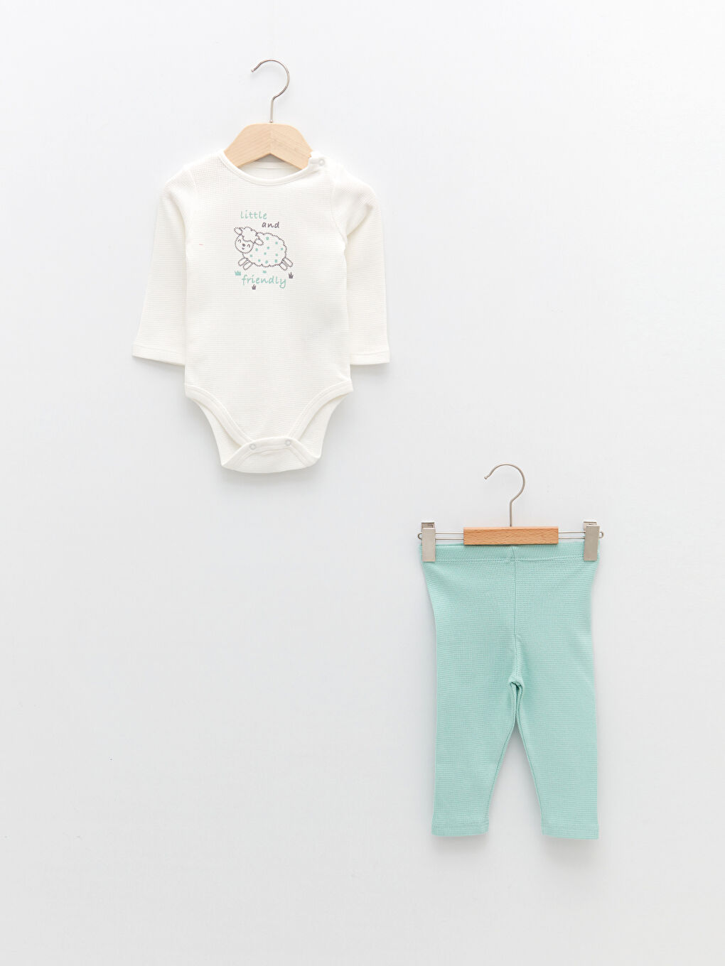 Ekru Bisiklet Yaka Uzun Kollu Baskılı Kız Bebek Çıtçıtlı Body ve Pantolon 2'li Takım