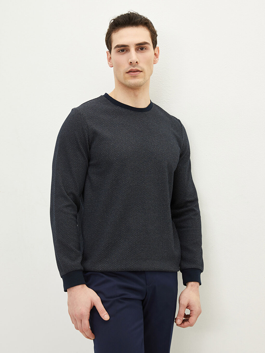 Lacivert Bisiklet Yaka Uzun Kollu Erkek Sweatshirt-1