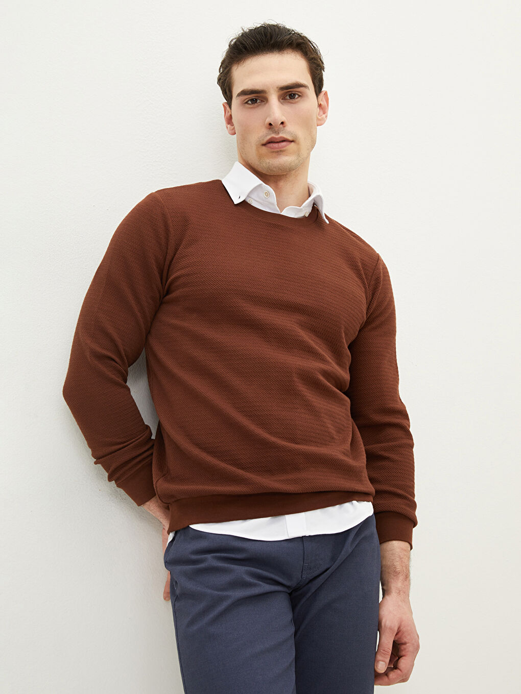 Kahverengi Bisiklet Yaka Uzun Kollu Erkek Sweatshirt