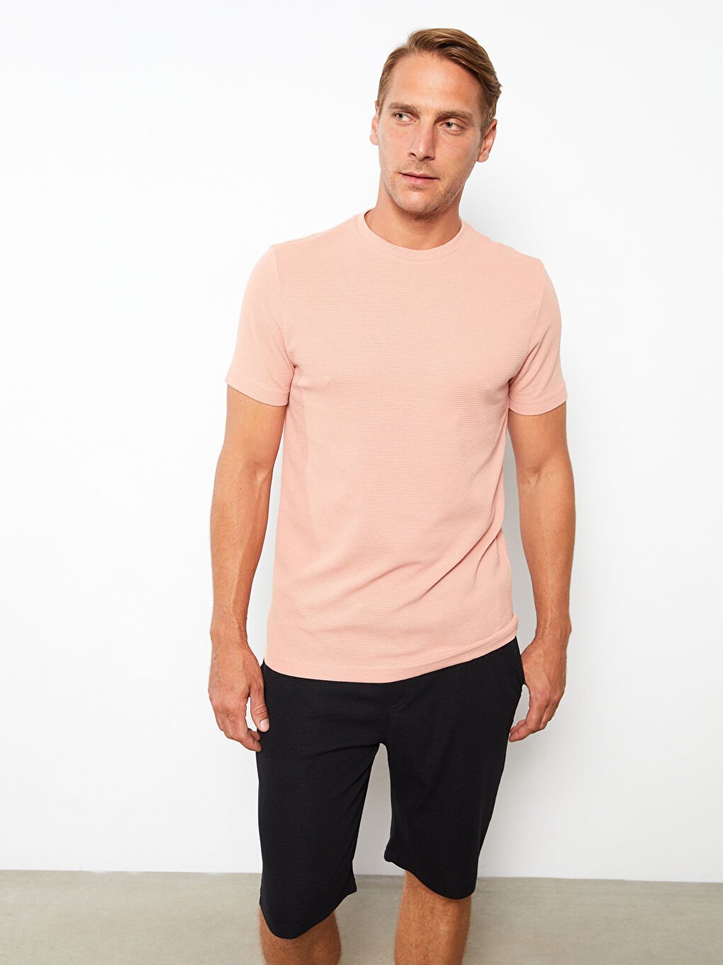 Pembe Bisiklet Yaka Penye Erkek Tişört-2