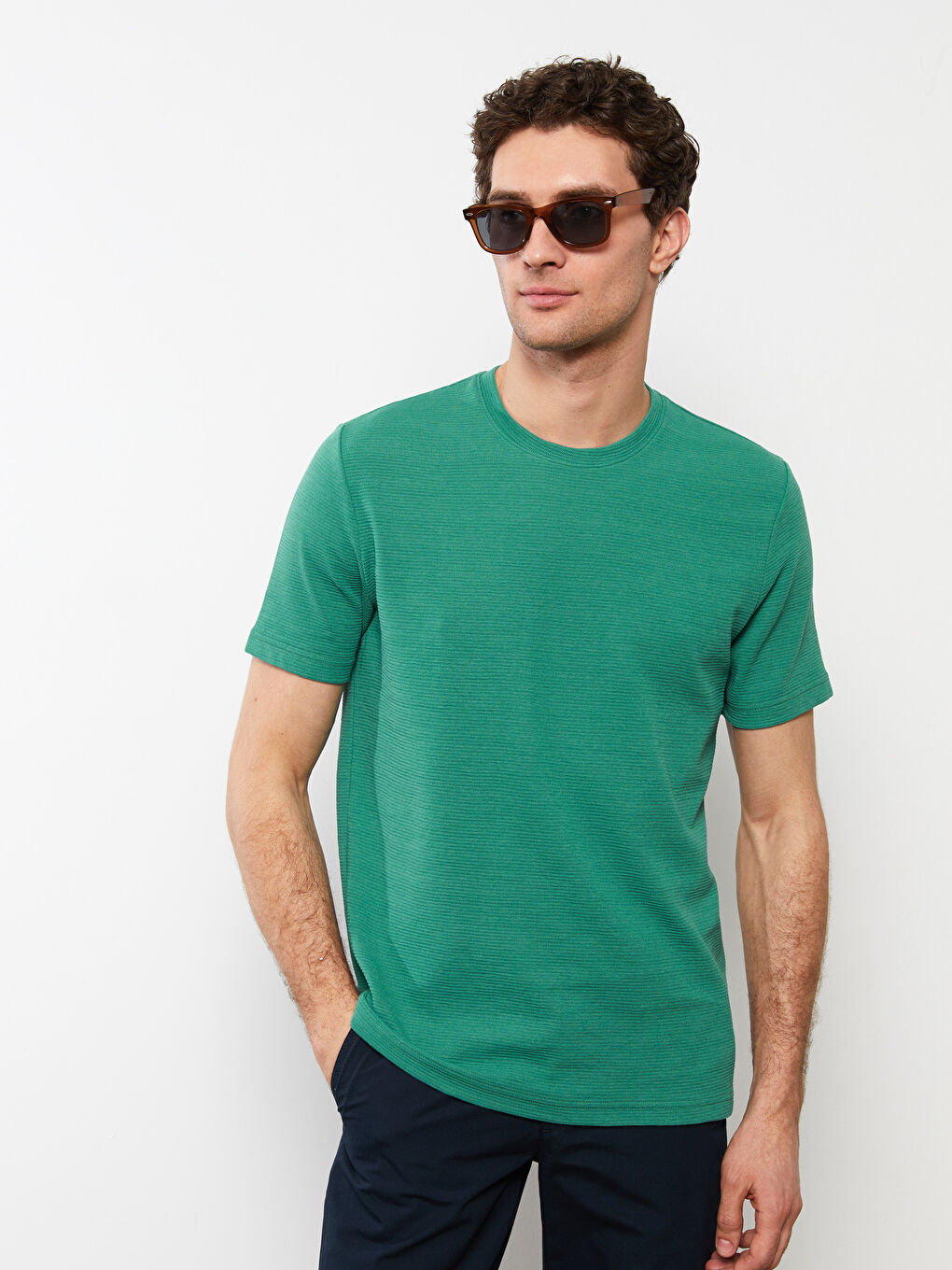 Yeşil Bisiklet Yaka Penye Erkek Tişört-1