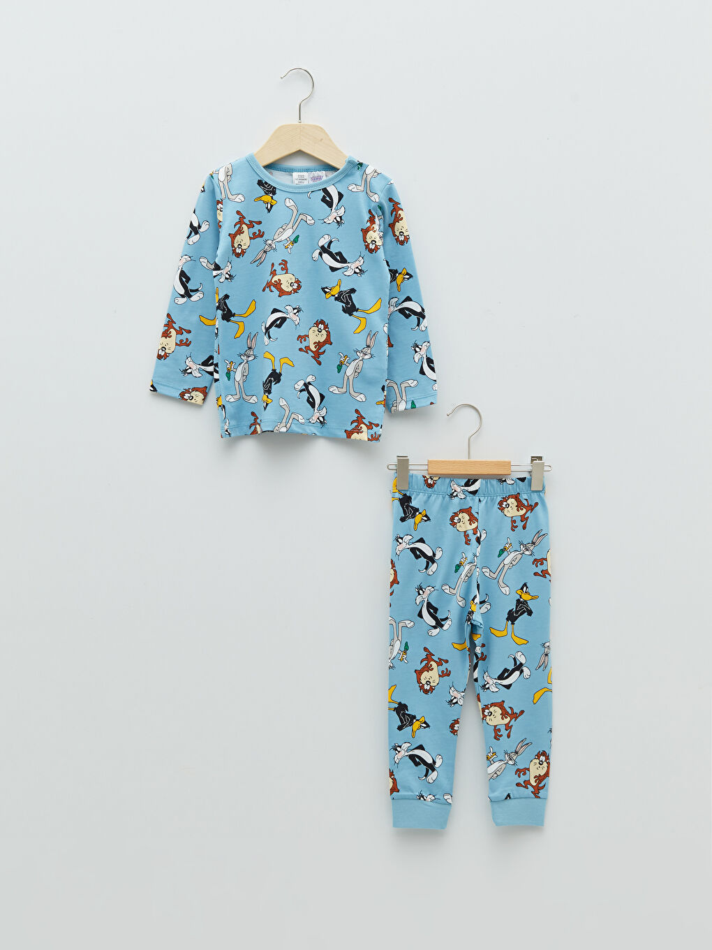 Mavi Bisiklet Yaka Uzun Kollu Tazmanya Canavarı Baskılı Erkek Bebek Pijama Takımı